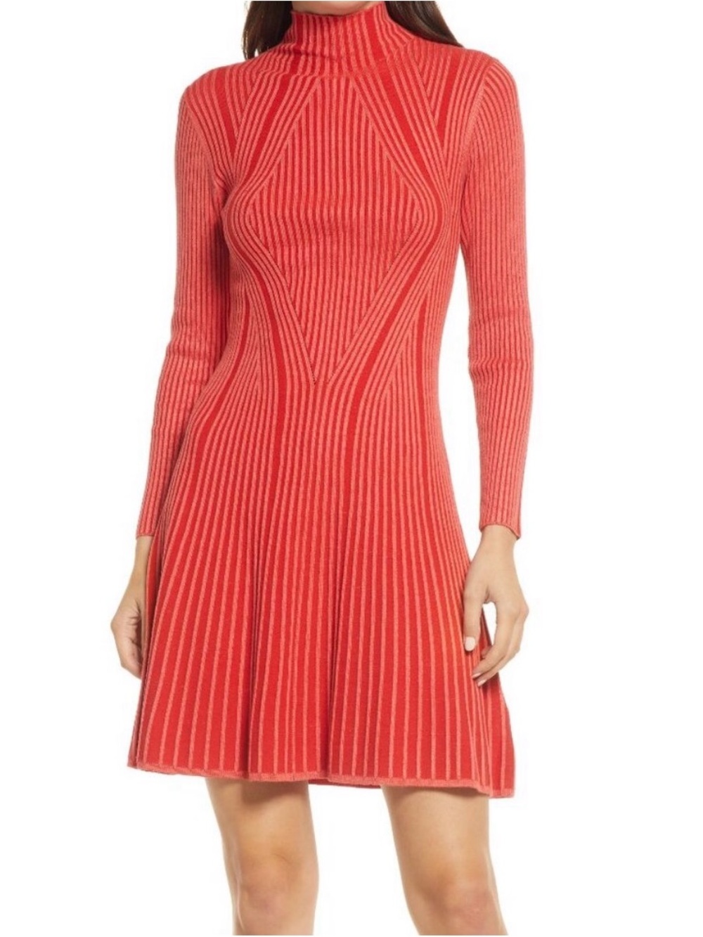 French Connection Mari Rib Knit Long Sleeve Minidress in Coral